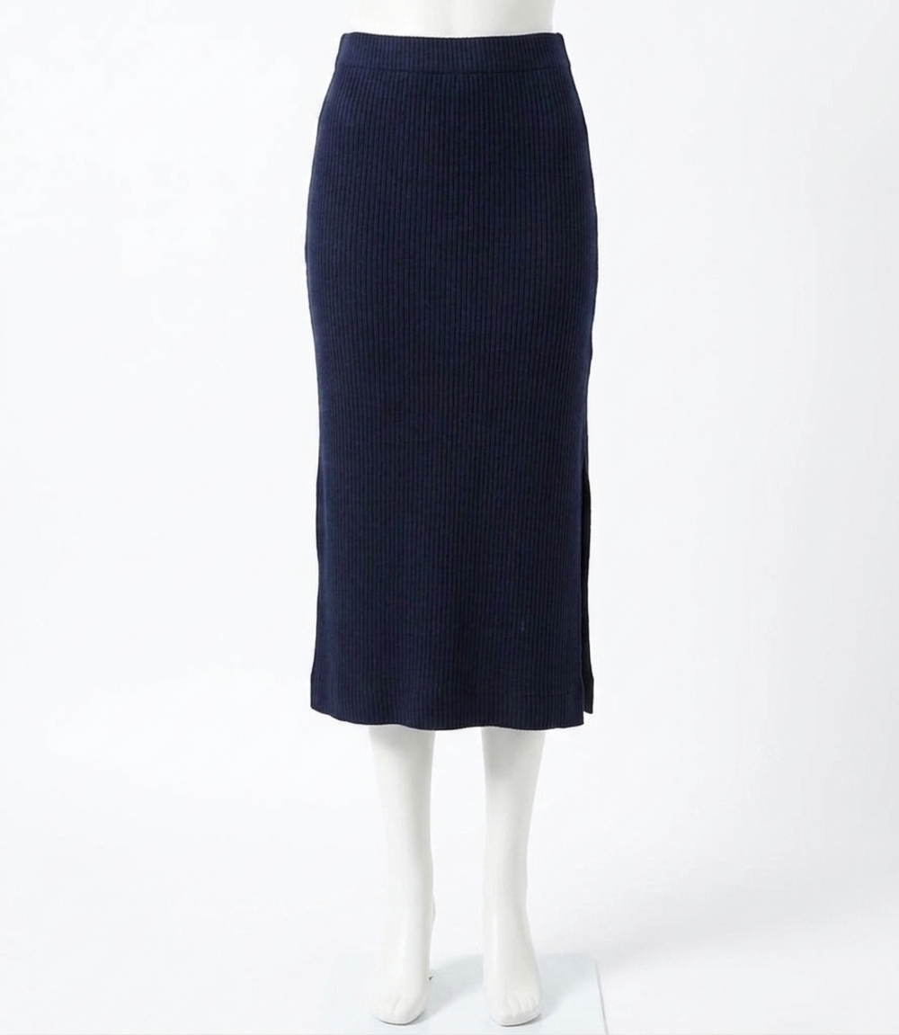 NEW KAREN KANE ribbed side-slit midi skirt in navy